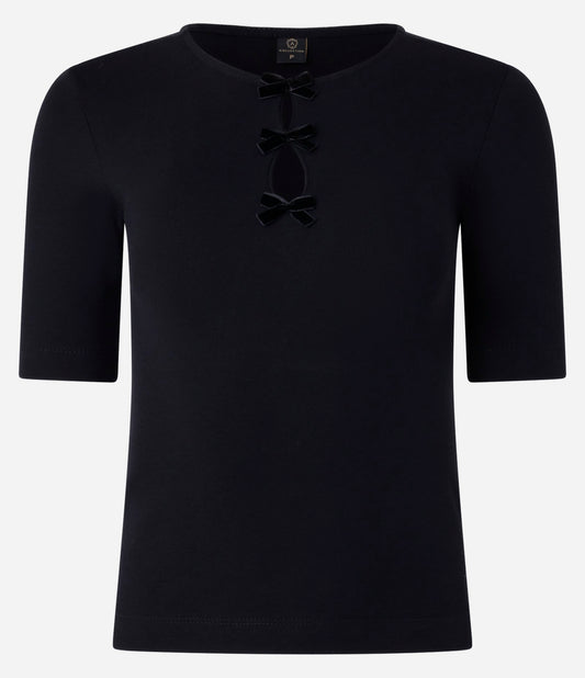Blusa de canalé con lazos de terciopelo negro