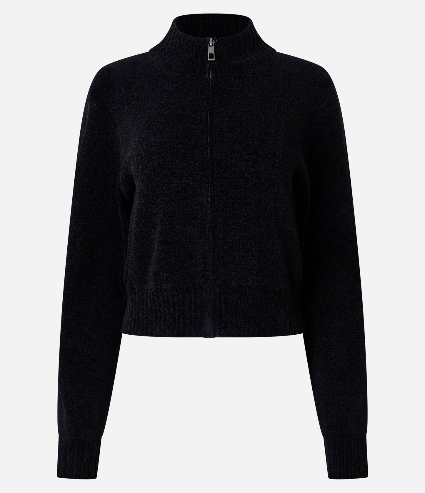 Chaqueta negra de punto con cremallera y cuello alto