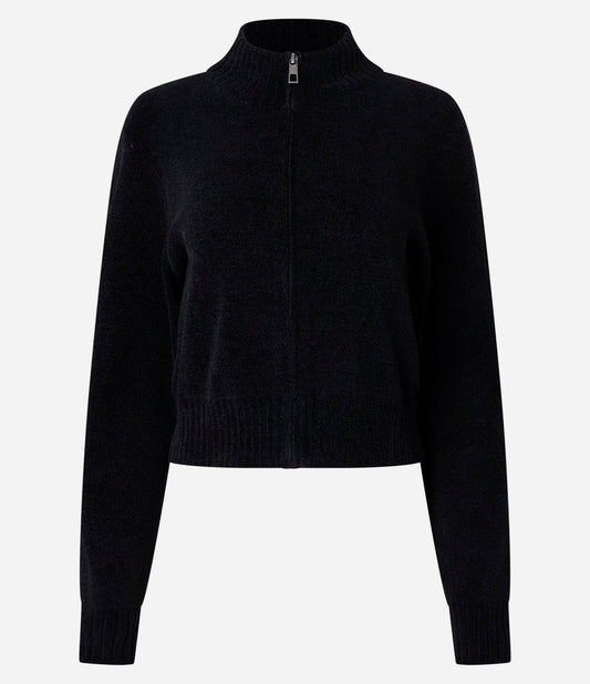 Jaqueta Preta de Tricô com Zíper e Gola Alta