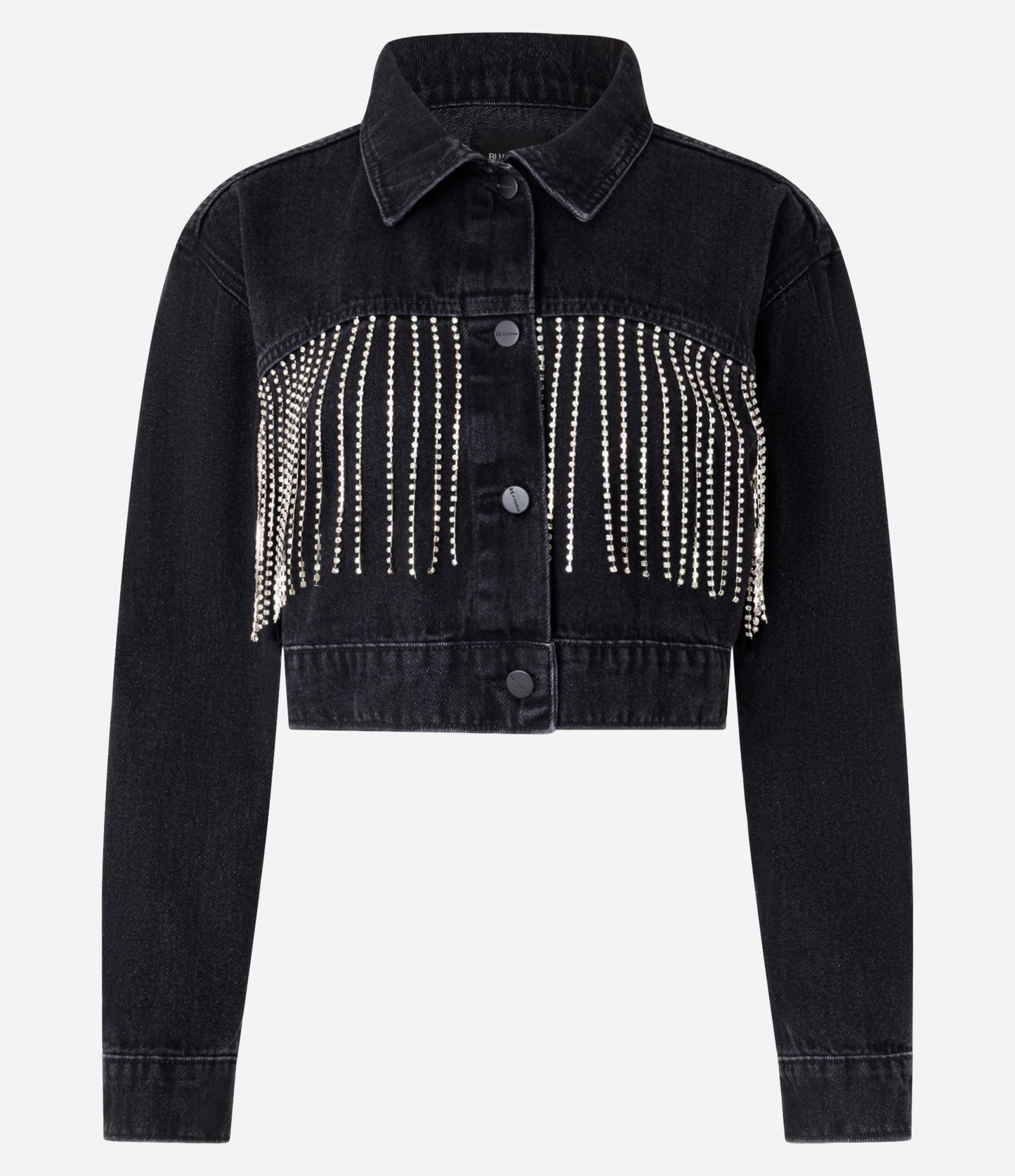 Jaqueta Jeans Cropped com Franjas de Strass Preto