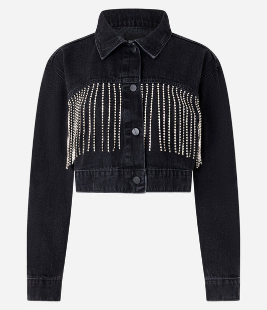 Jaqueta Jeans Cropped com Franjas de Strass Preto