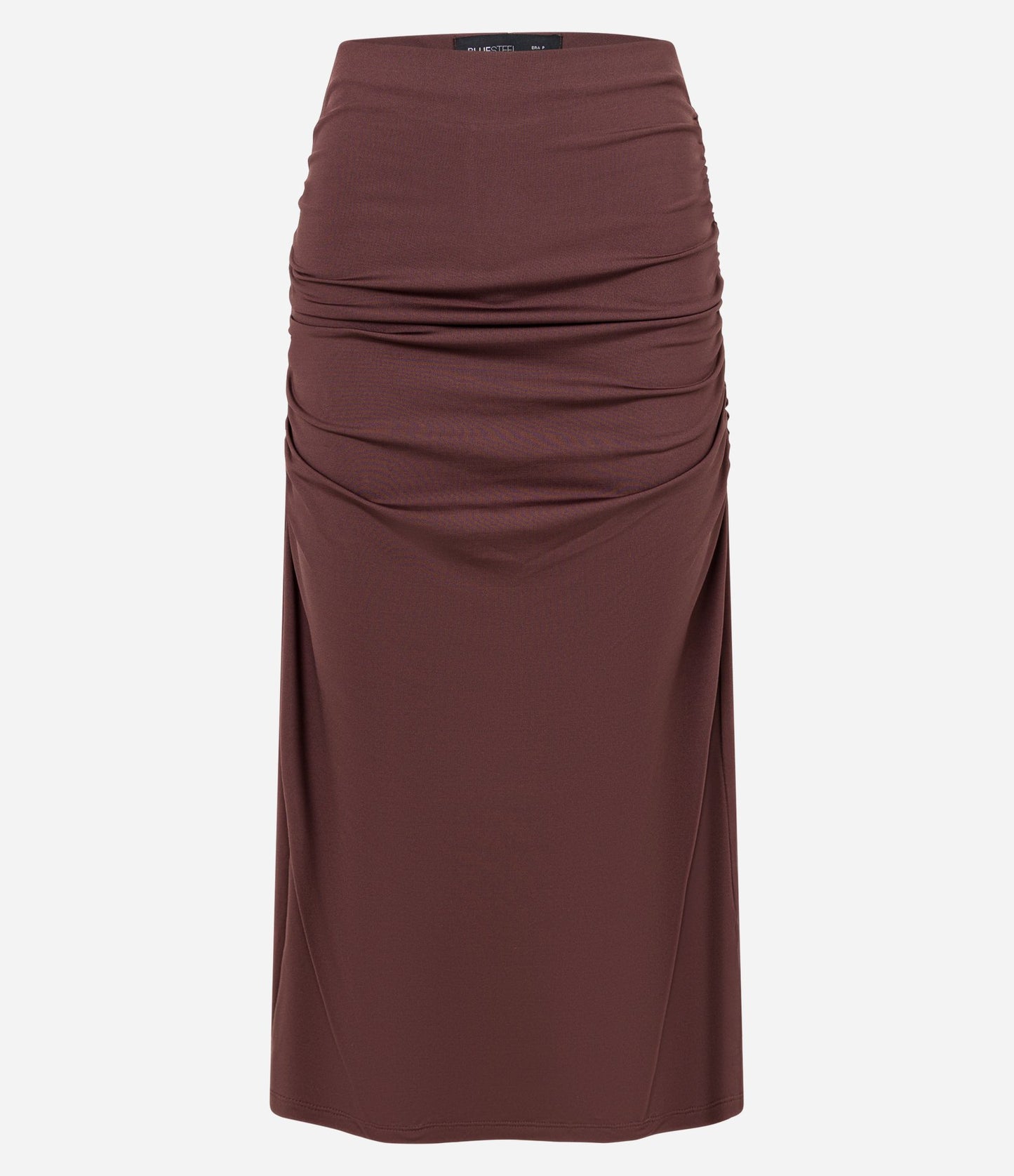 New Brown Midi Skirt with Side Ruching and Back Slit