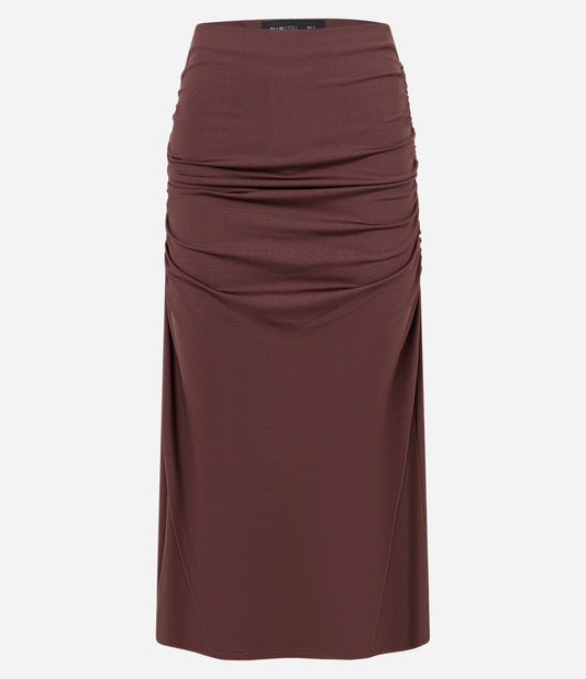 New Brown Midi Skirt with Side Ruching and Back Slit