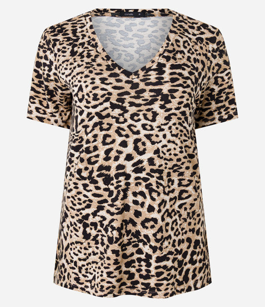 Viscose Blouse with V-Neck and Brown Leopard Print