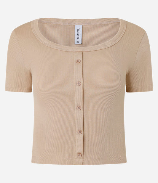 Camicetta cropped a coste con scollo rotondo e bottoni beige