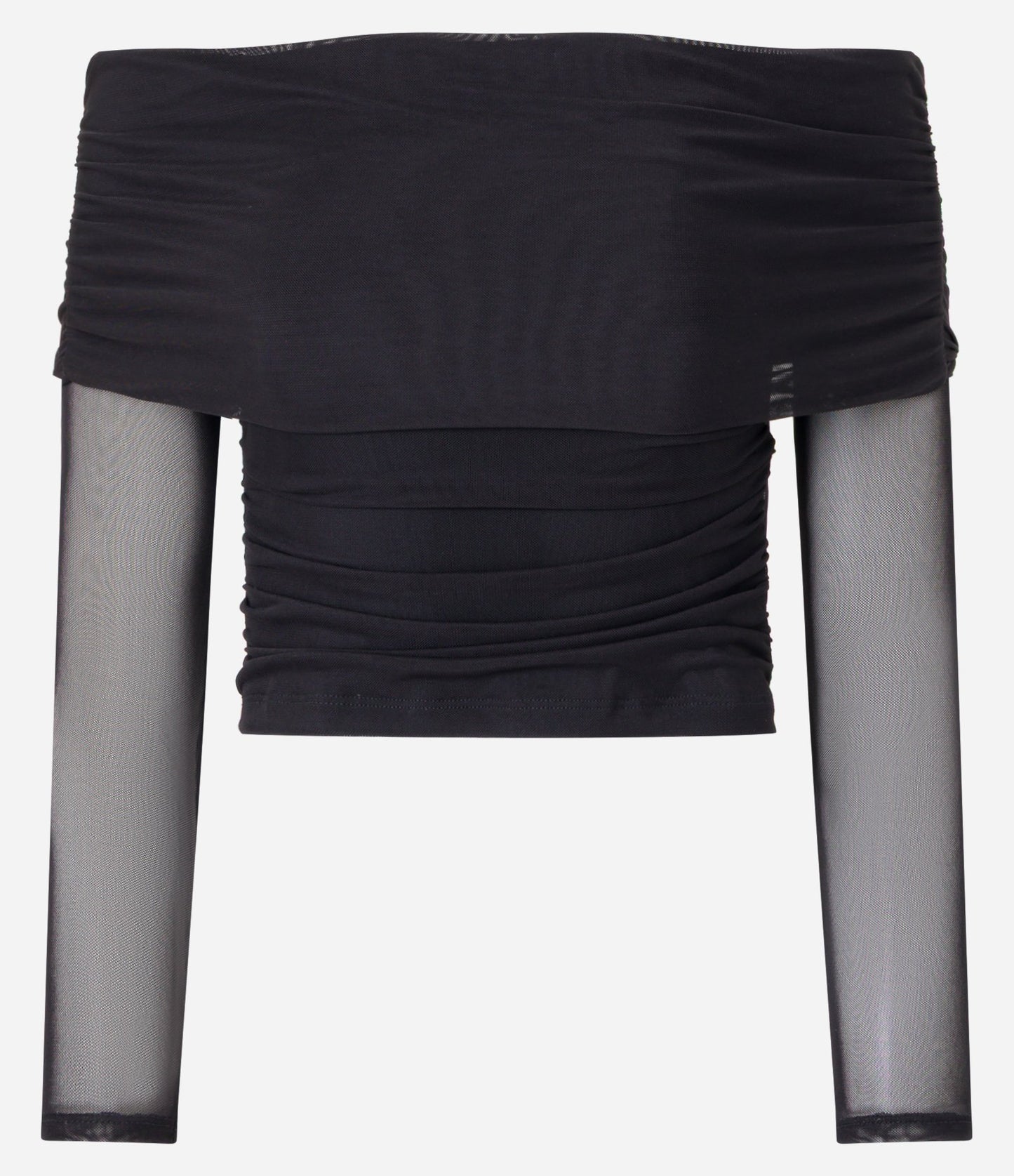 Blusa sin hombros de tul negro con canesú doblado