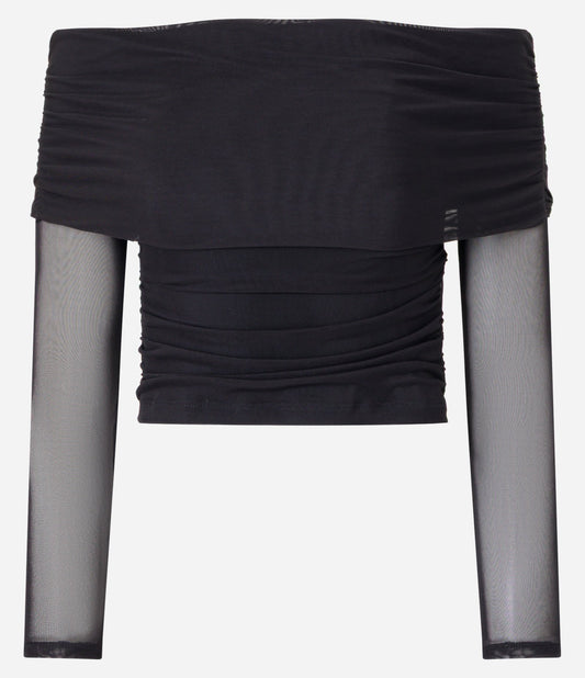 Blusa sin hombros de tul negro con canesú doblado