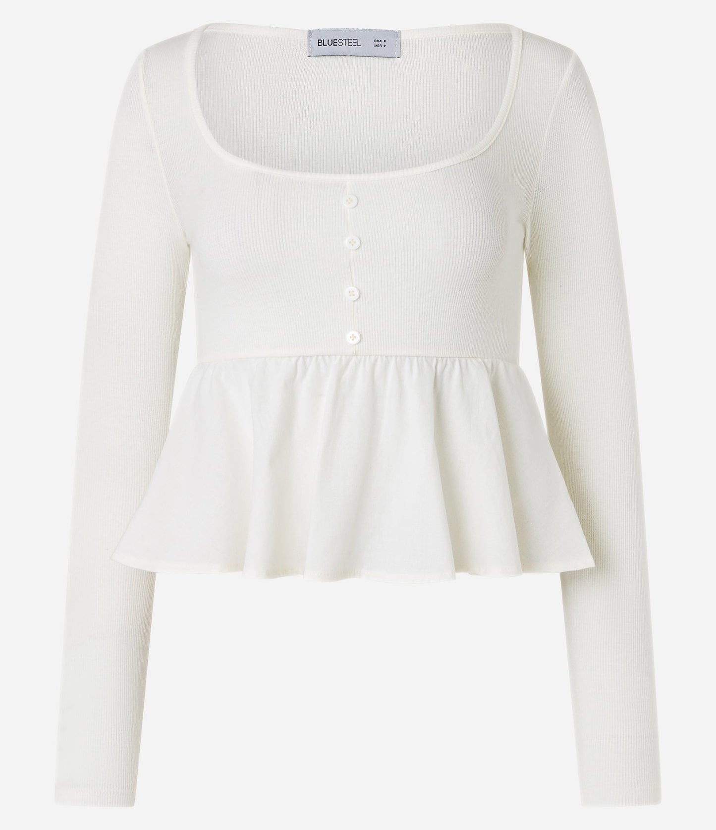 Camicetta con peplo in maglia a coste e tricolore con bottoni bianco sporco