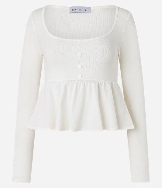 Camicetta con peplo in maglia a coste e tricolore con bottoni bianco sporco