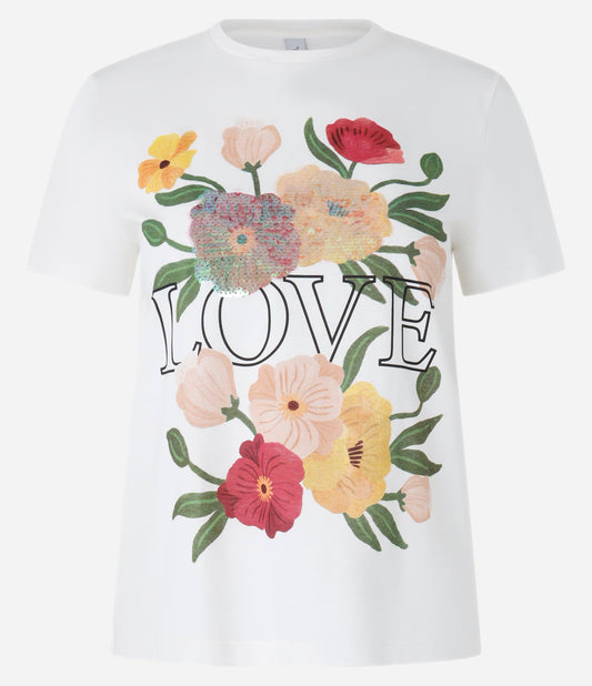 Camiseta Branca de Algodão com Estampa Floral e Paetês