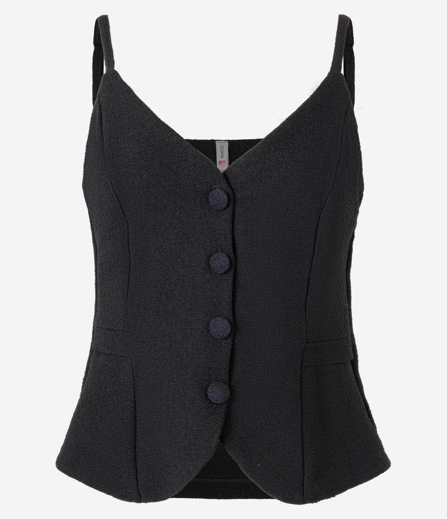 Tweed Strap Top with Buttons in Black