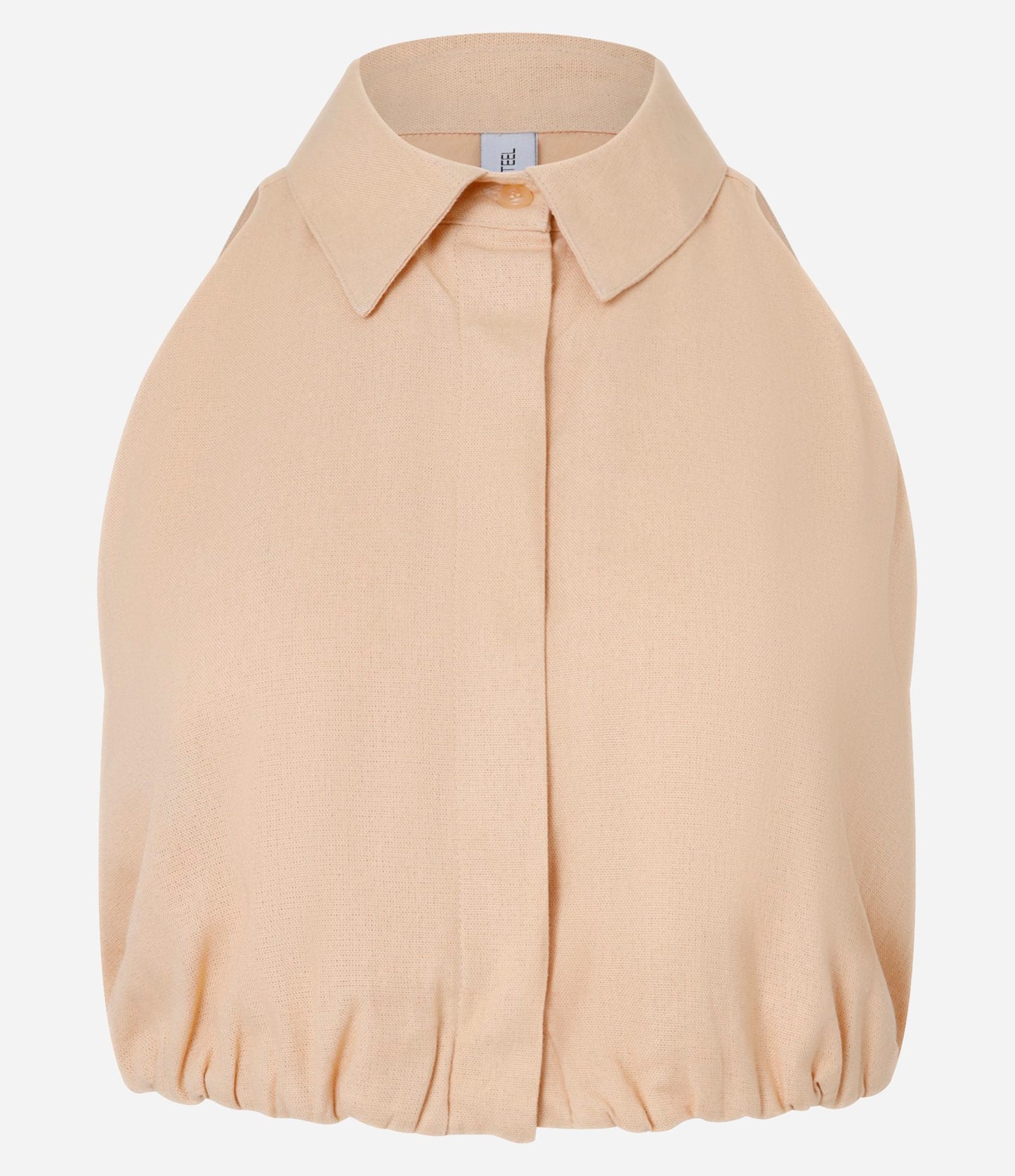 Blusa Cropped Bege com Mangas Bufantes, Linho e Gola de Camisa
