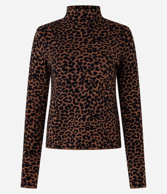 Blusa de jacquard con cuello alto y estampado de leopardo marrón