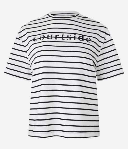 Camicetta in cotone a righe con scritta "Courtside" in bianco