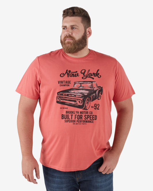 Camiseta masculina plus size de manga curta com gráfico Allman Car em vermelho vintage