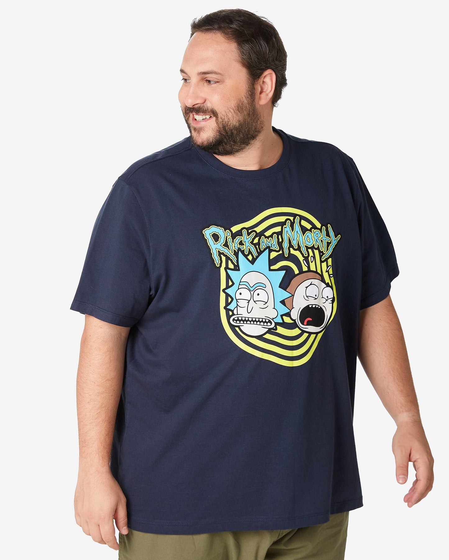 Camiseta masculina Plus Size de manga curta Rick and Morty em azul escuro
