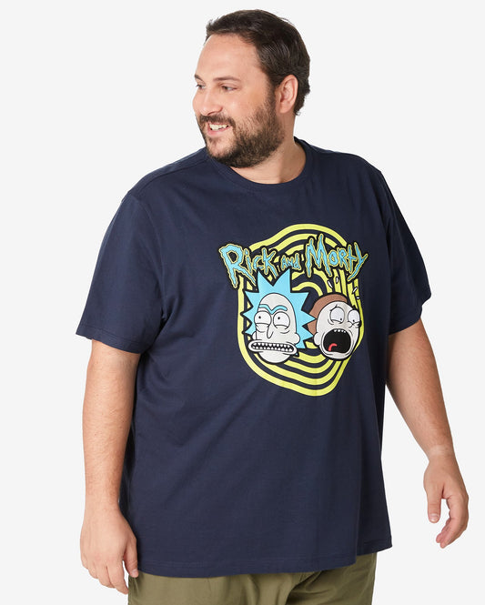 Camiseta masculina Plus Size de manga curta Rick and Morty em azul escuro