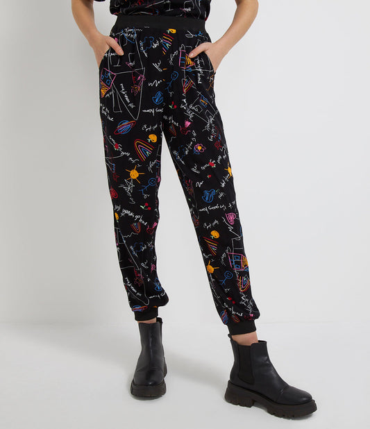Calça Jogger em viscose preta com estampa de rabiscos coloridos
