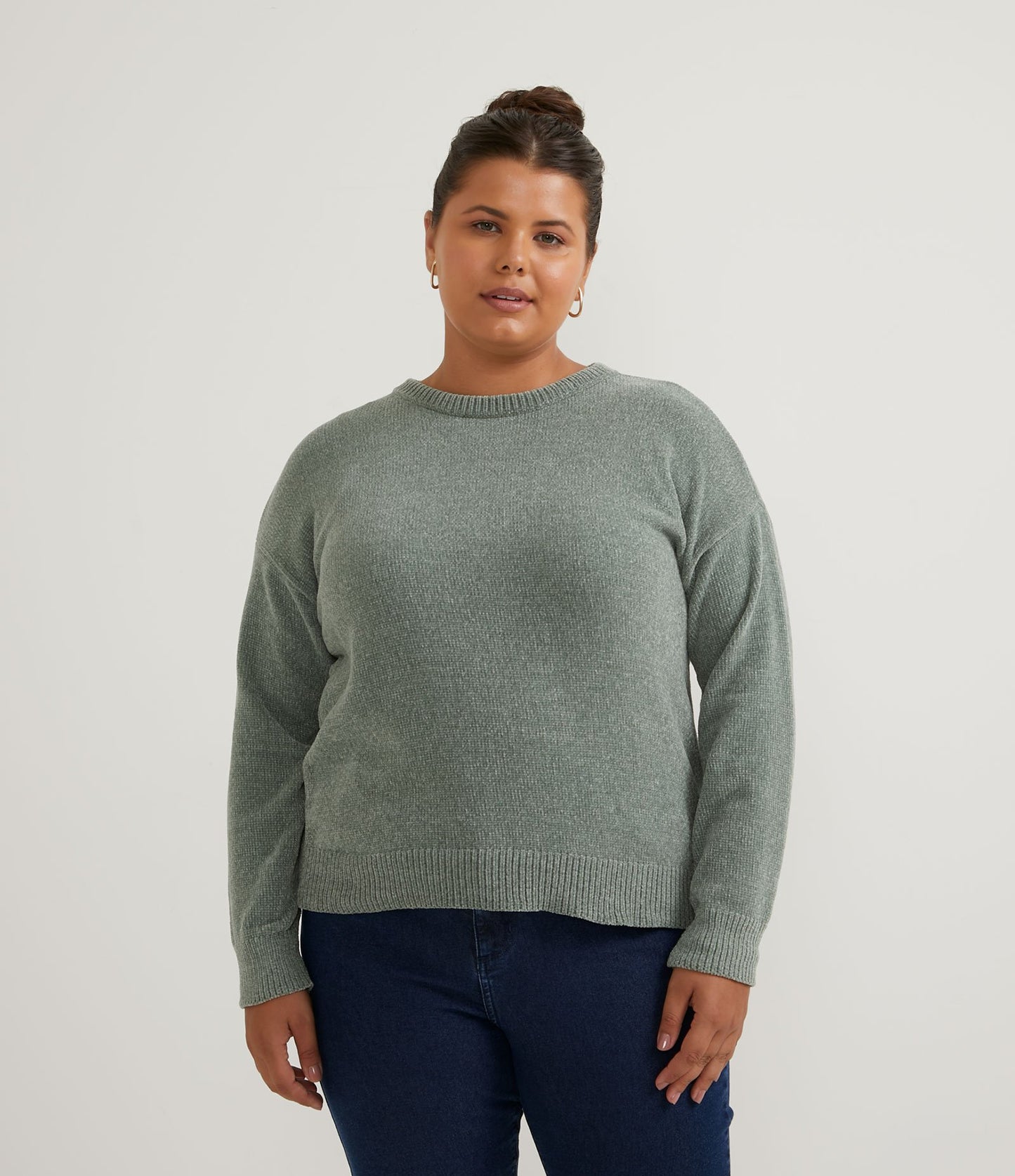 Camicetta verde a maniche lunghe in ciniglia senza stampa