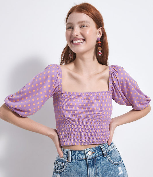 Camicetta viola a manica corta a pois con corpo smocked