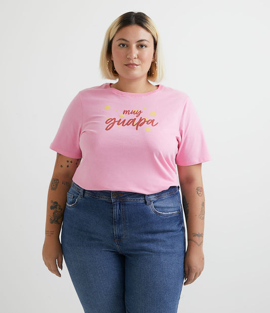 Top a maniche corte in cotone con stampa frontale Muy Guapa Curve & Plus Size Rosa