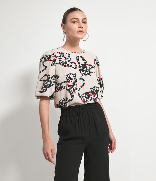 Short Sleeve Balloon Blouse with Pink Animal Print