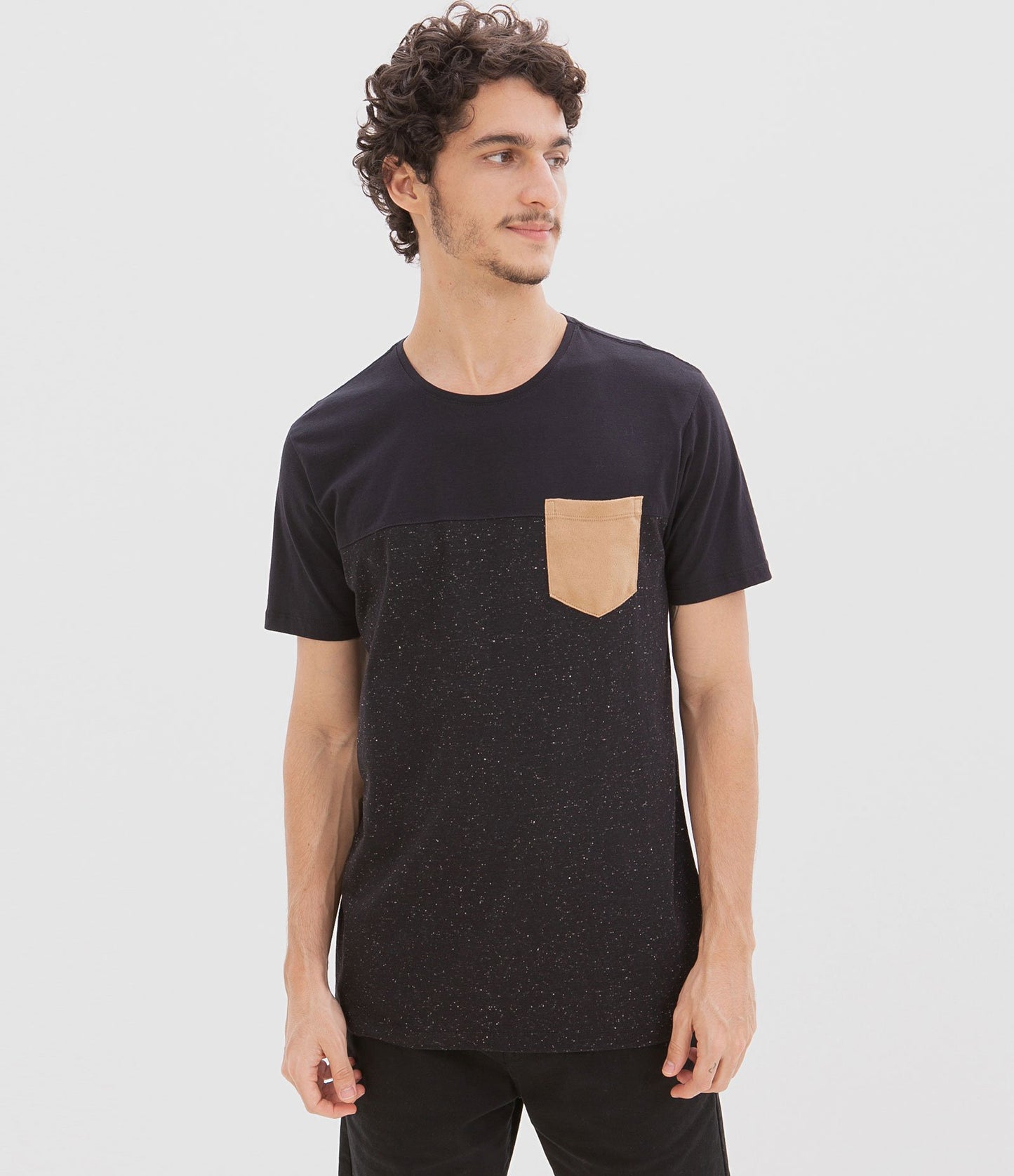 Black Suede Pocket and Panel T-Shirt