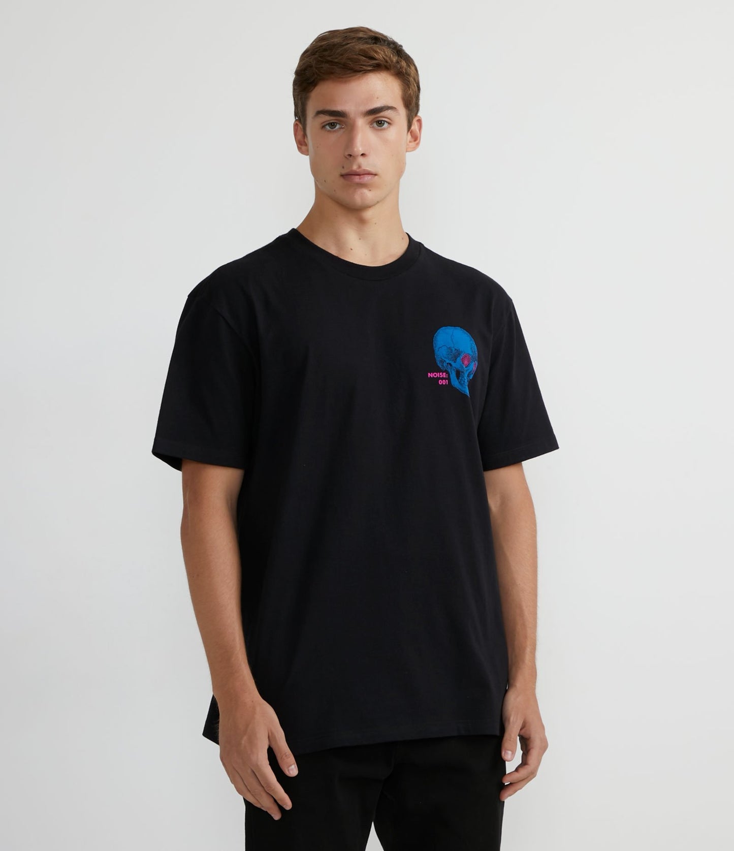 Maglietta a maniche corte in cotone grigio con stampa di teschi e scritta "Noise 01".