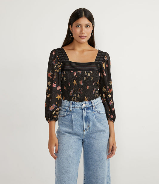 Black Cropped Blouse with Smocked Fabric and Topstitching Detail on the Neckline