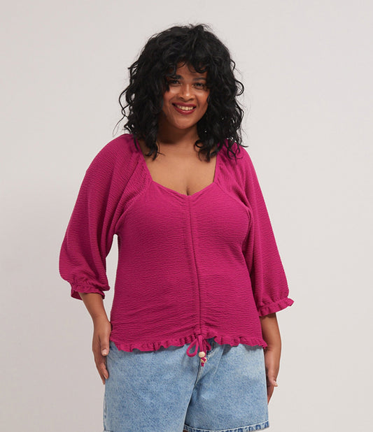Textured 3/4 Sleeve Blouse with Front Ruching, Curve & Plus Size, Pink