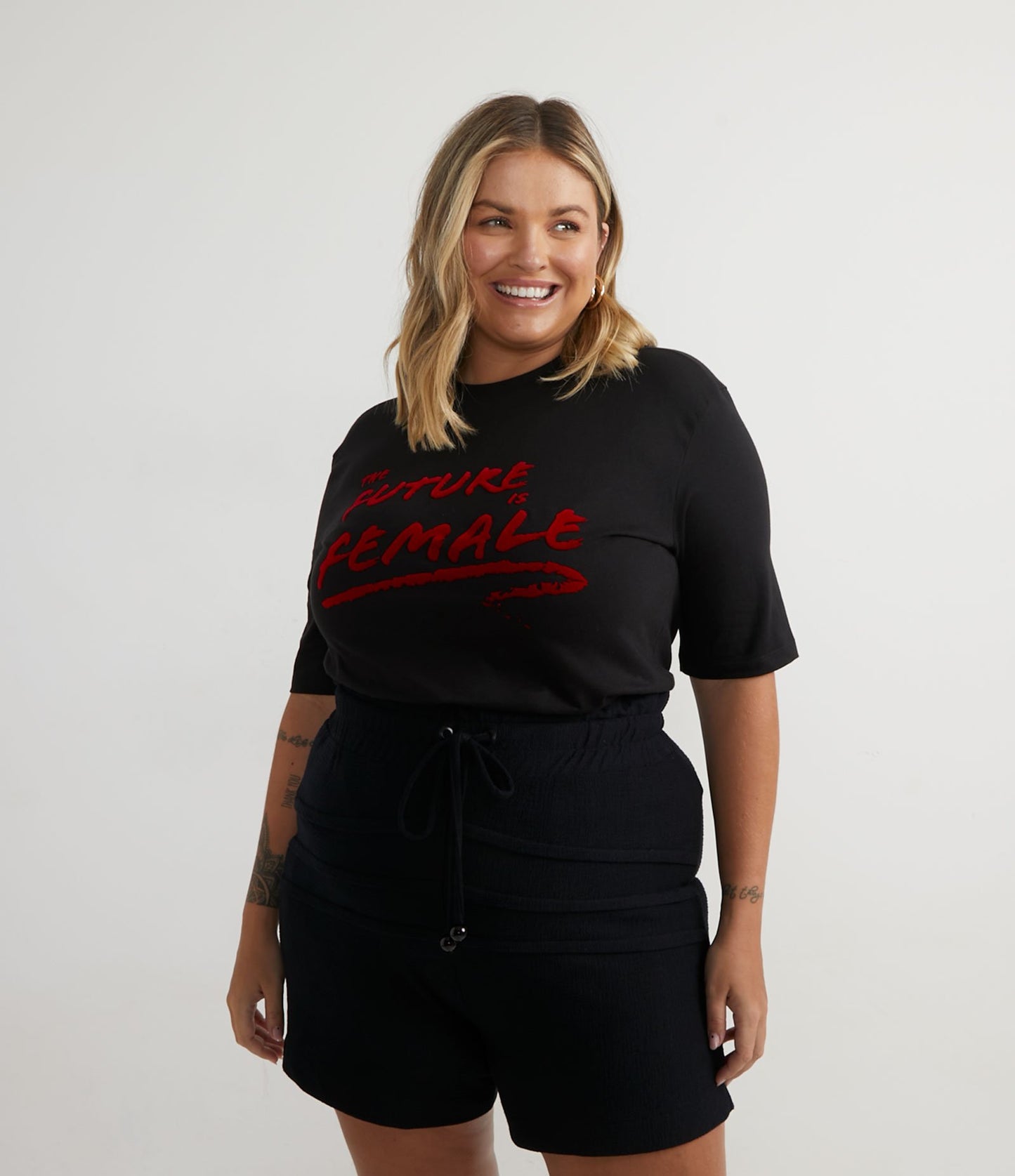 Camicetta in cotone con stampa "Il futuro è femmina", Curve e taglie forti, nero