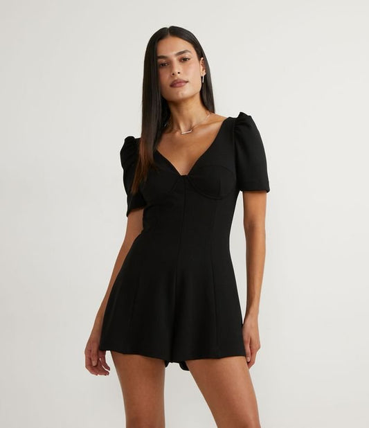 Black Crepe Knit Romper with Defined Bust and Short Sleeves
