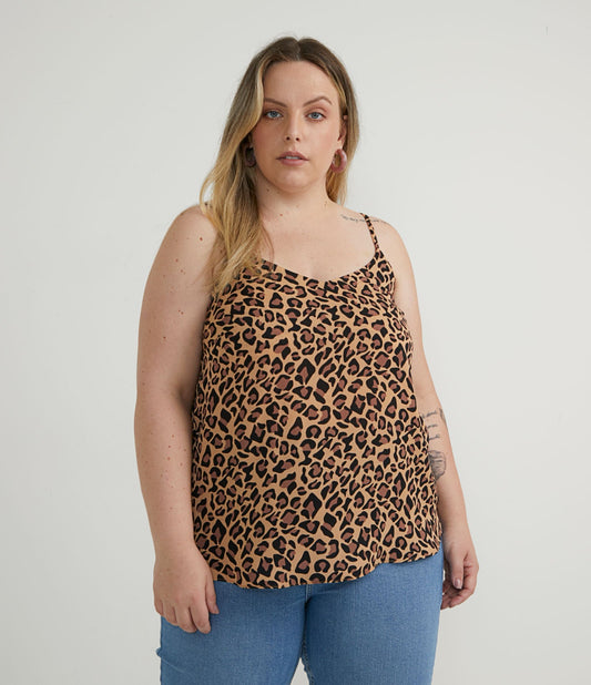 Blusa de crepe sem mangas com estampa animal de leopardo, Curve & Plus Size, Bege