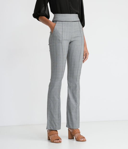 Calça bootcut em viscose xadrez cinza