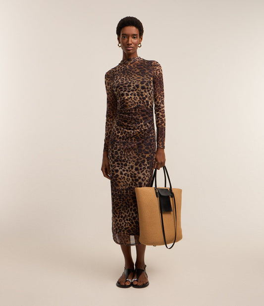 Tubino leopardato marrone in tulle con drappeggio laterale