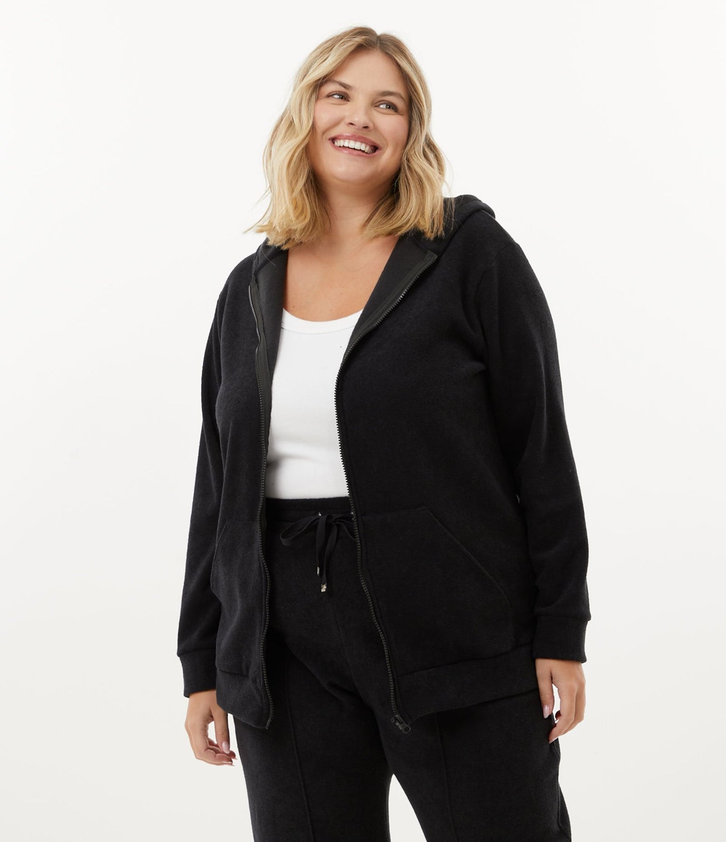 Giacca con cappuccio in felpa con tasca a canguro, taglie forti e taglie forti, nero