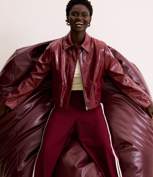 Short PU Jacket with Front Pockets and Burgundy Zipper