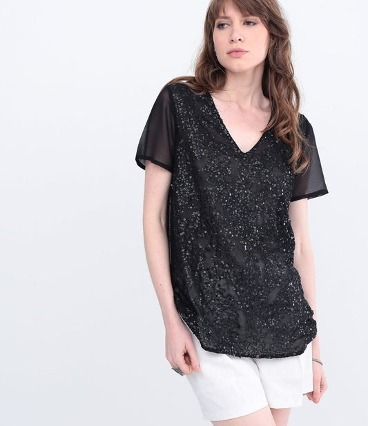 Black T-Shirt Blouse with Sequin Embroidery