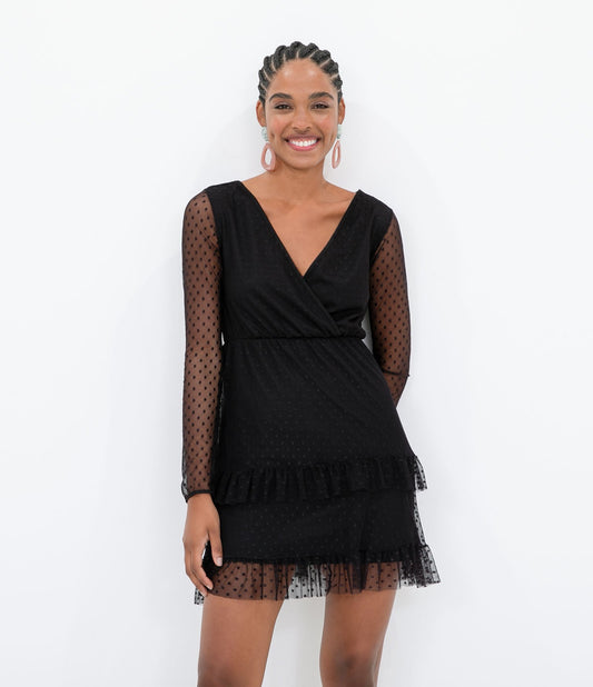 Abito corto nero in tulle con pois e volant
