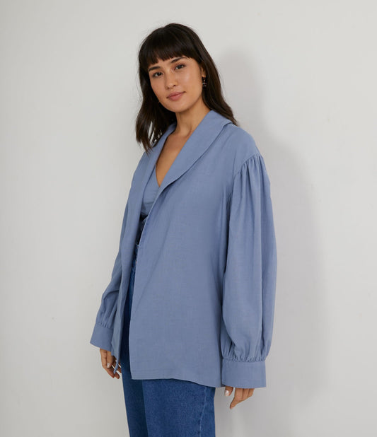 Long Linen Blazer with Lapel Collar and Puff Sleeves in Blue