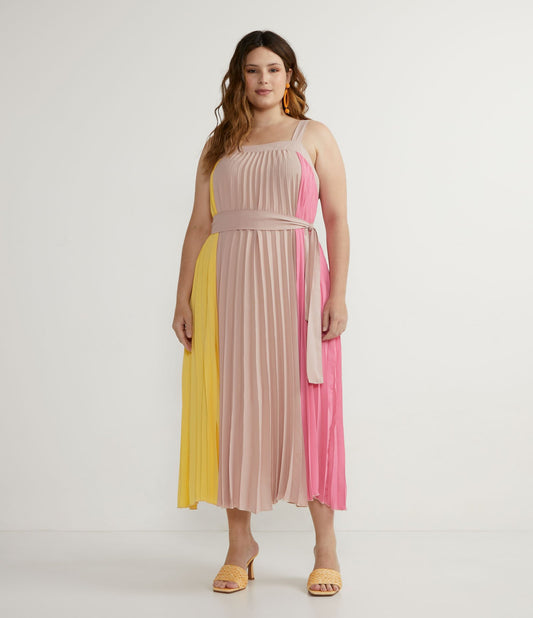 Vestito midi in crepe plissettato a blocchi di colore, Curve & Plus Size, Beige