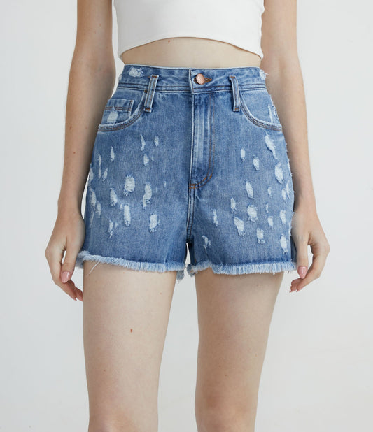 Shorts jeans de cintura alta com lavagem em mármore e desgastado, em azul