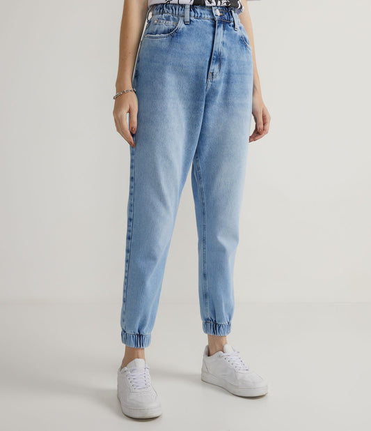 Calça jeans jogger com cós e punhos elásticos - Azul
