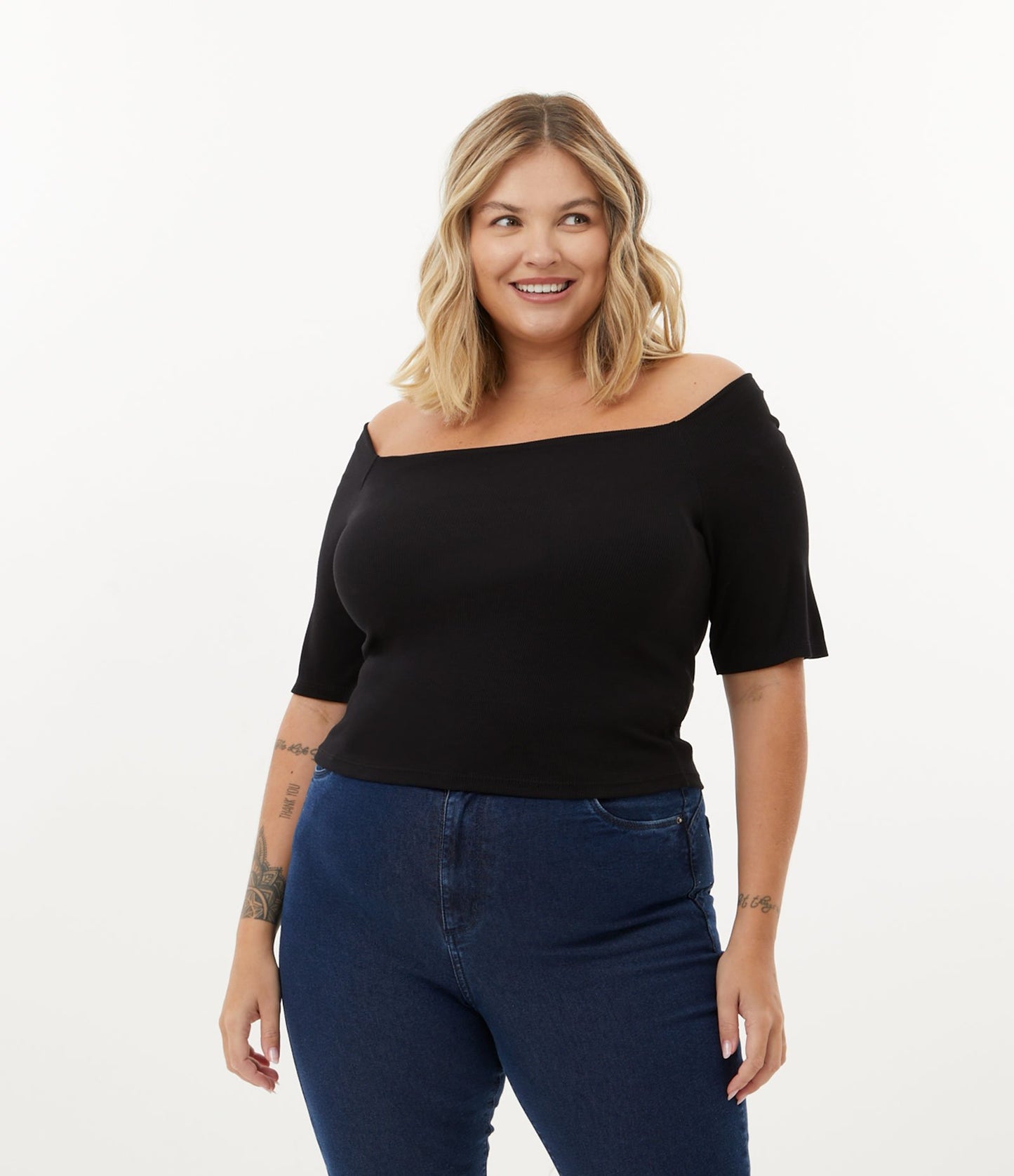 Blusa de viscose canelada com decote quadrado, Curve & Plus Size, preta