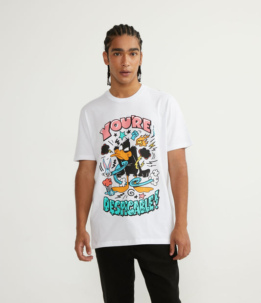 Maglietta bianca a maniche corte in cotone con stampa di Daffy Duck