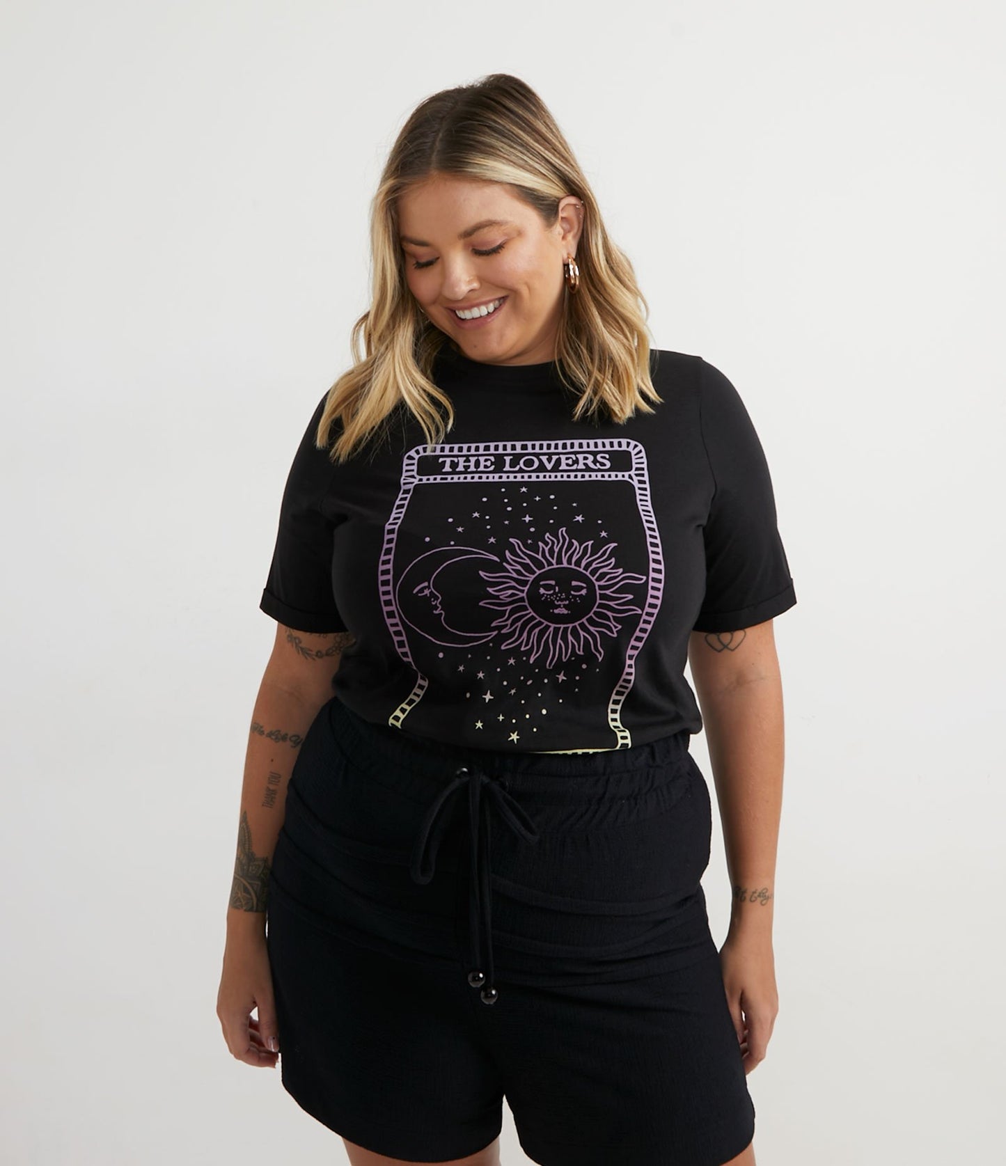 Camicetta in cotone con stampa dei tarocchi, Curve e taglie forti, nero