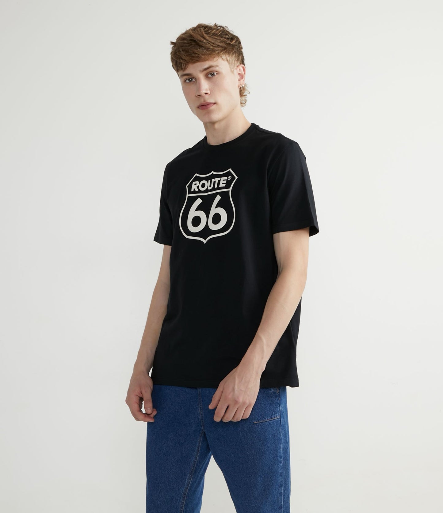 Maglietta a maniche corte in cotone con stampa Route 66 nera