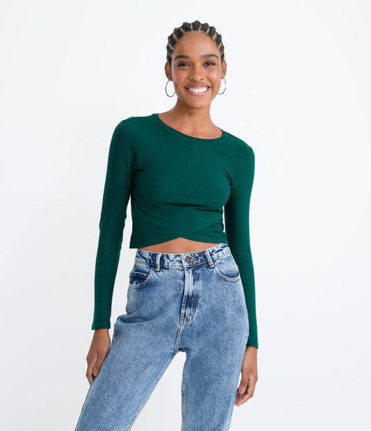 Basic Green Wrap Ribbed Blouse Without Print