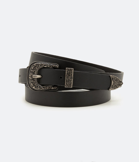 Cintura western stretta con due fibbie, taglie forti e taglie forti, nero