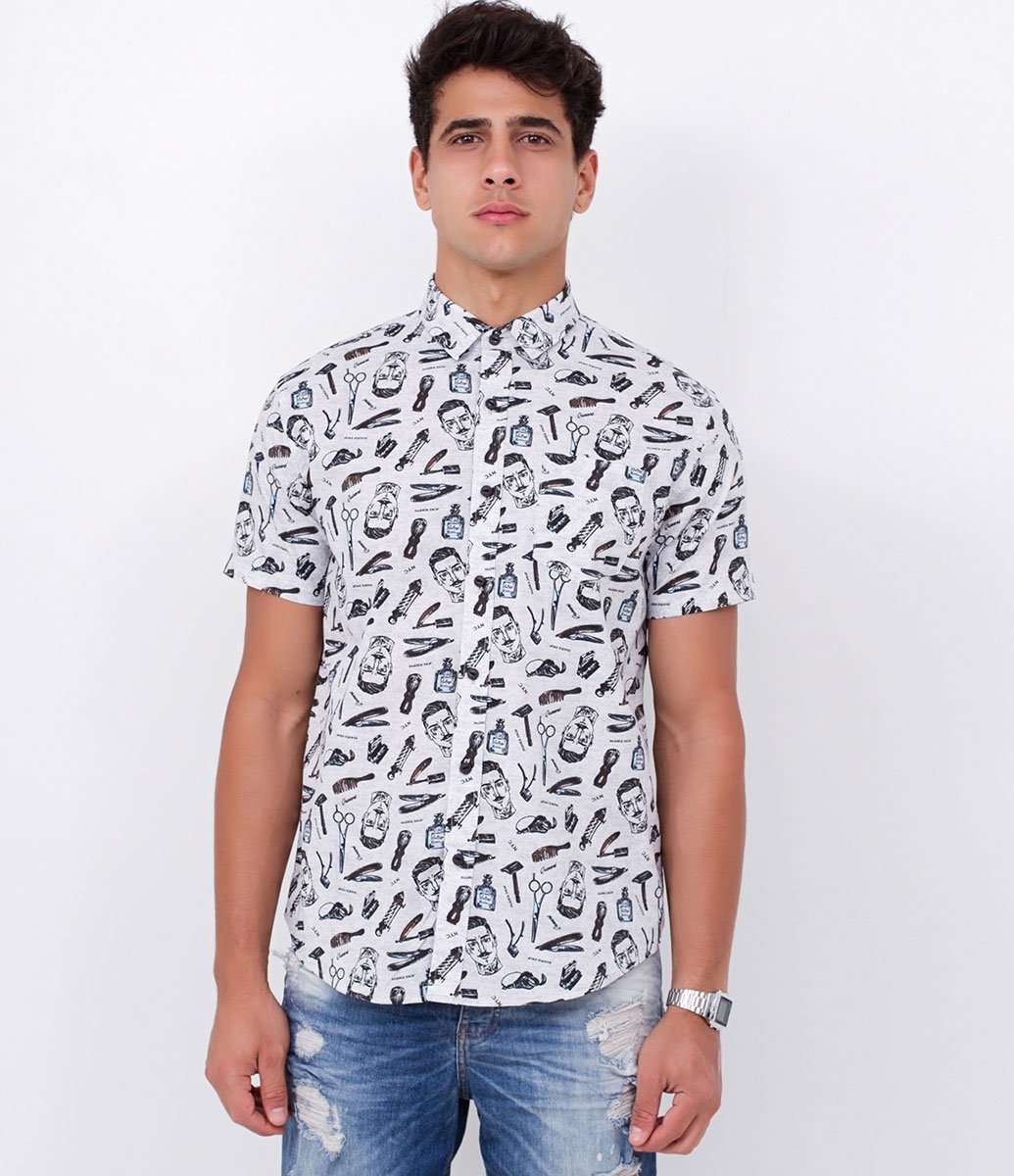 Camisa con estampado de barbería gris oscuro